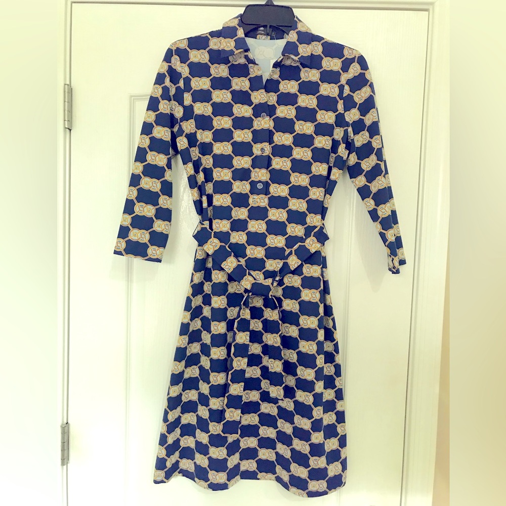 J.McLaughlin, Small, Navy/gold, 3/4 sleeve, shirt dress, tie waste
